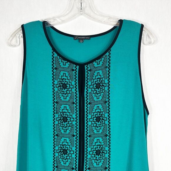 Adrianna Papell Large Tank Top Handkerchief Hem Green Black Embroidered 582 - Picture 3 of 6